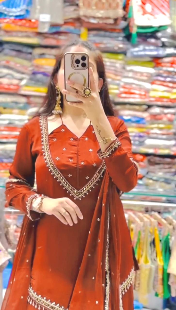 Rust Orange Roman Glass Mirror Work Plazzo Suit Set with Chanderi Silk Dupatta