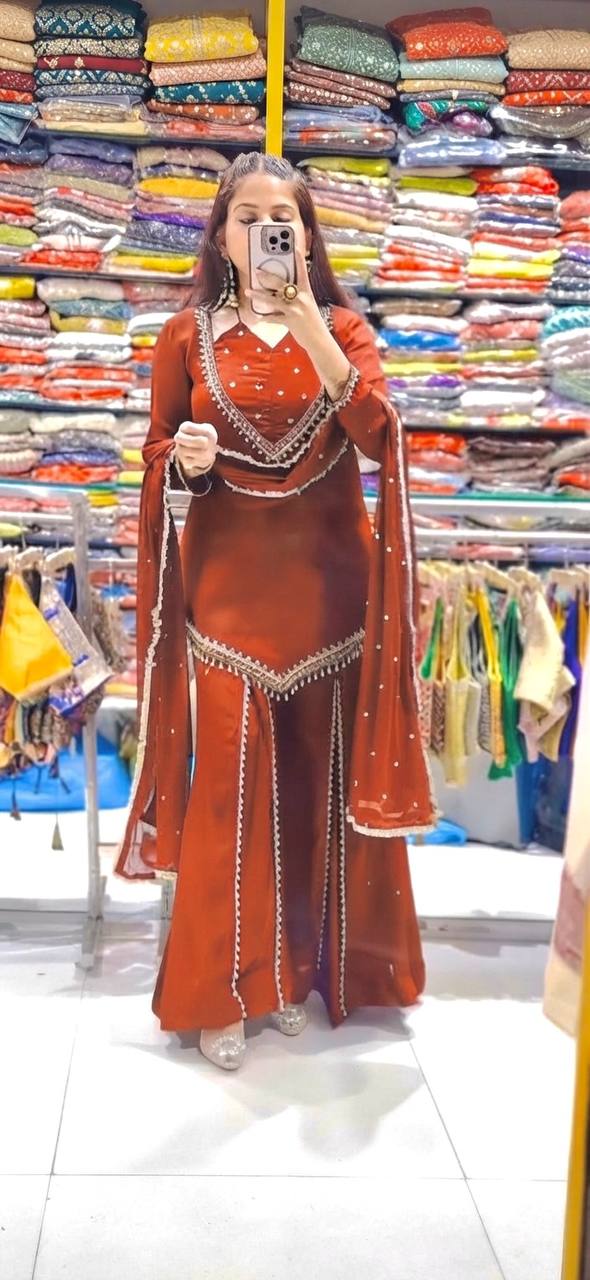 Rust Orange Roman Glass Mirror Work Plazzo Suit Set with Chanderi Silk Dupatta