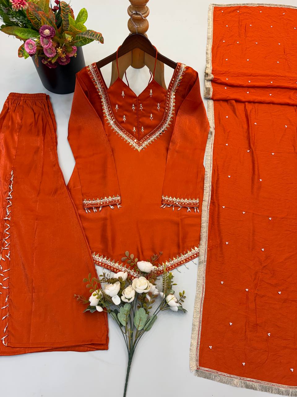 Rust Orange Roman Glass Mirror Work Plazzo Suit Set with Chanderi Silk Dupatta