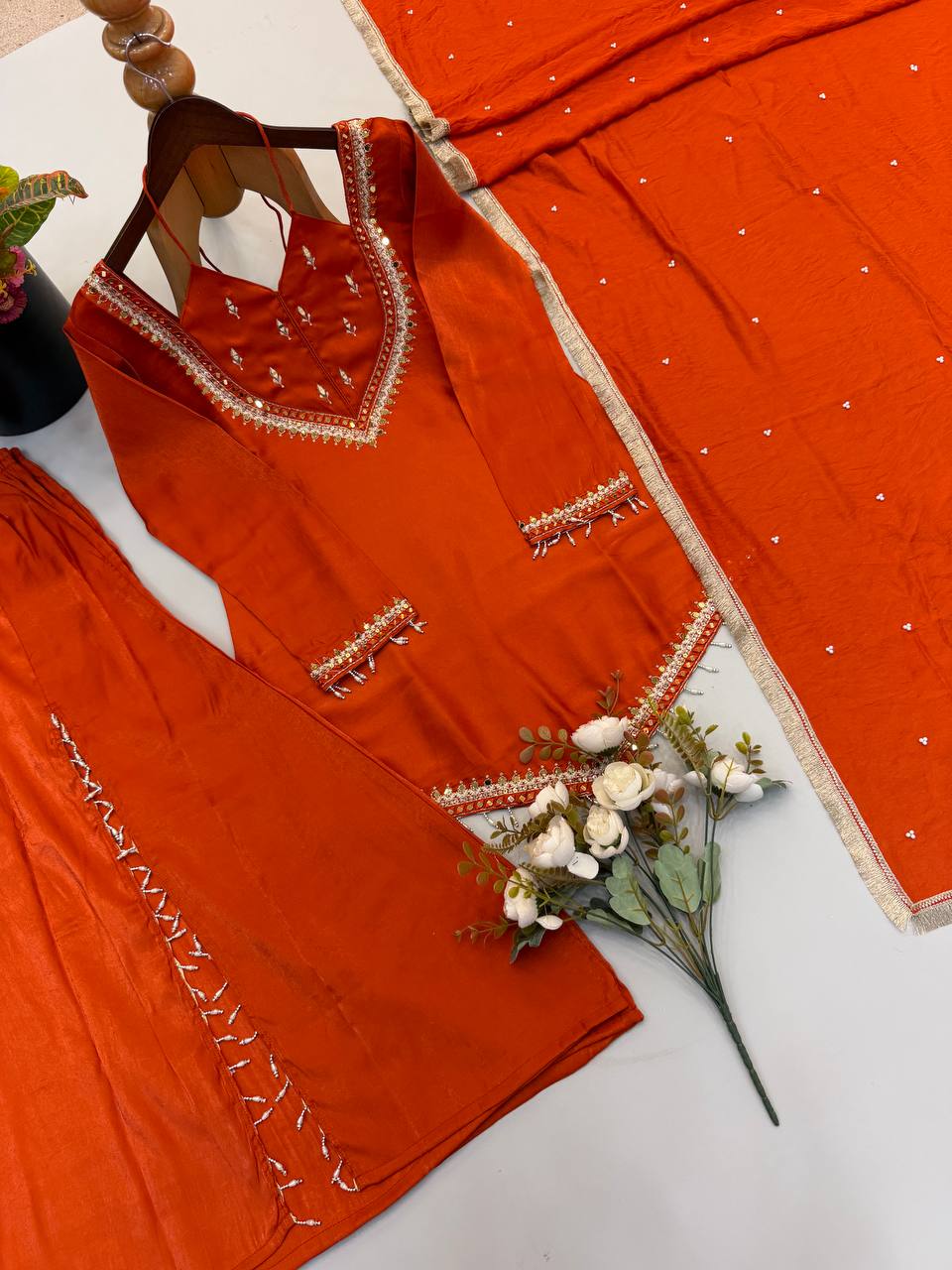 Rust Orange Roman Glass Mirror Work Plazzo Suit Set with Chanderi Silk Dupatta