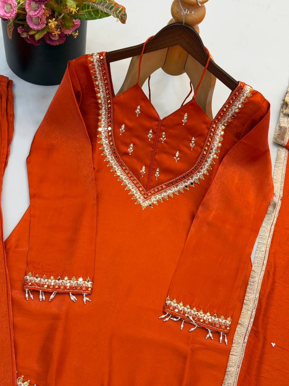 Rust Orange Roman Glass Mirror Work Plazzo Suit Set with Chanderi Silk Dupatta