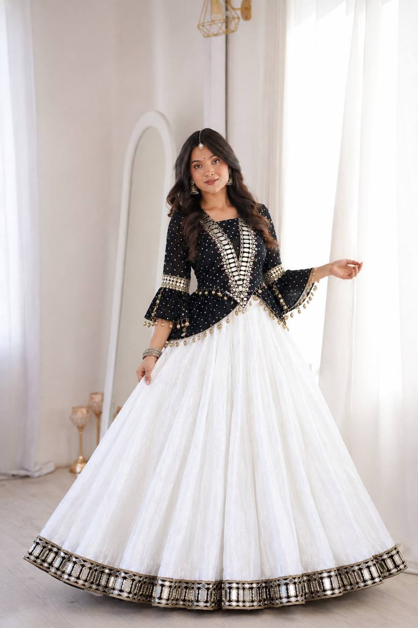Black & White Mirror Work Georgette Lehenga Set with Designer Kurti