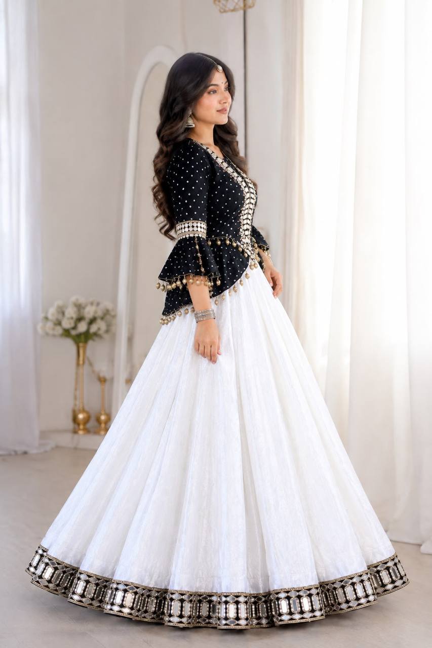 Black & White Mirror Work Georgette Lehenga Set with Designer Kurti