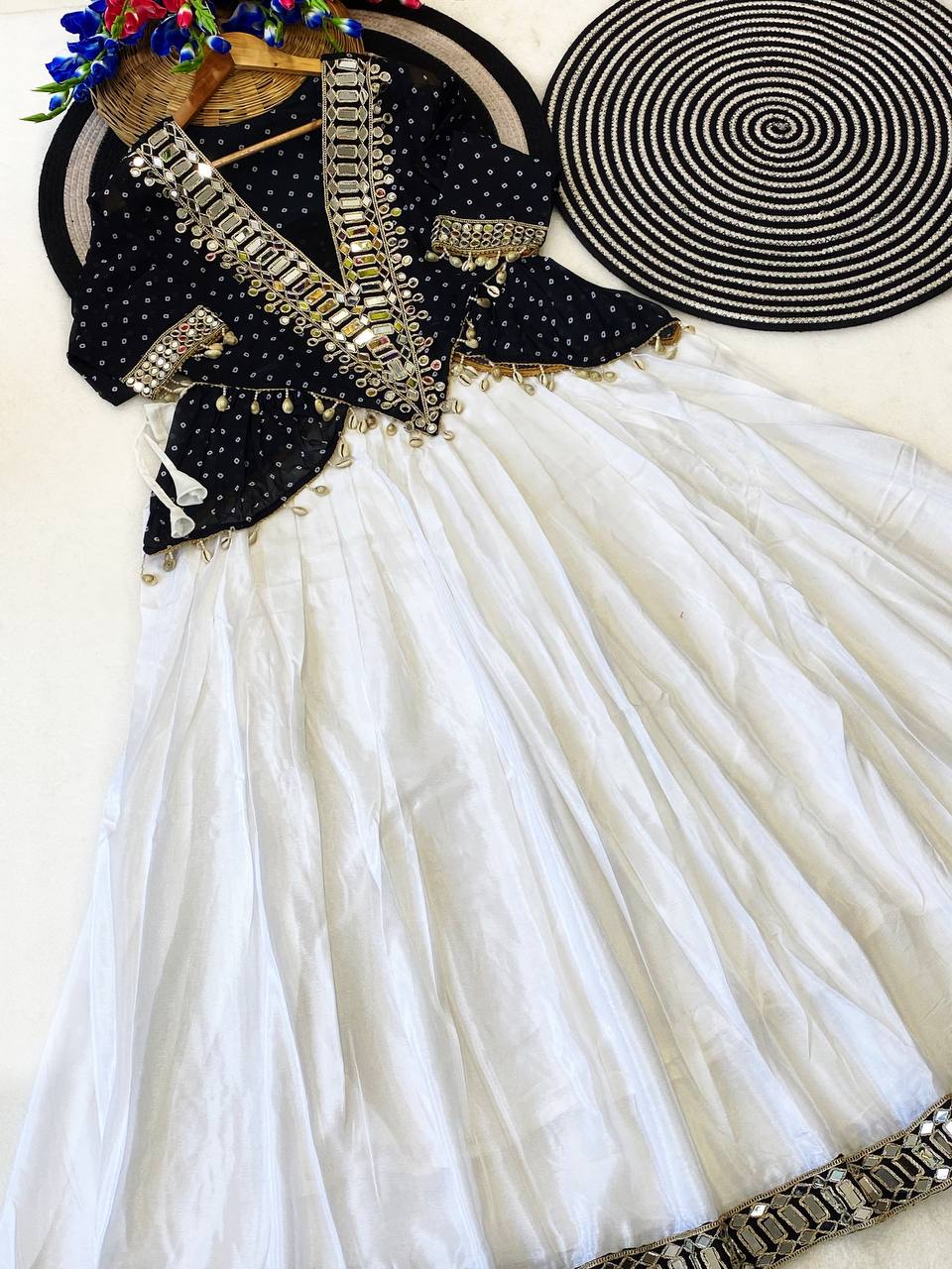 Black & White Mirror Work Georgette Lehenga Set with Designer Kurti