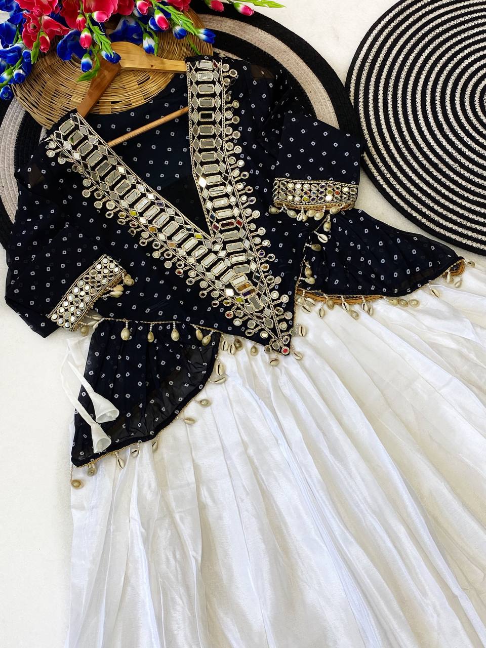 Black & White Mirror Work Georgette Lehenga Set with Designer Kurti