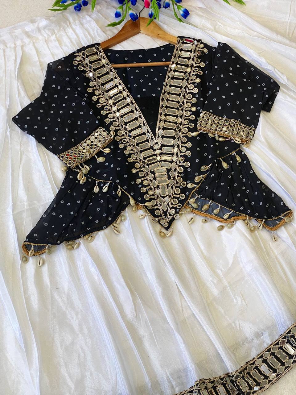 Black & White Mirror Work Georgette Lehenga Set with Designer Kurti