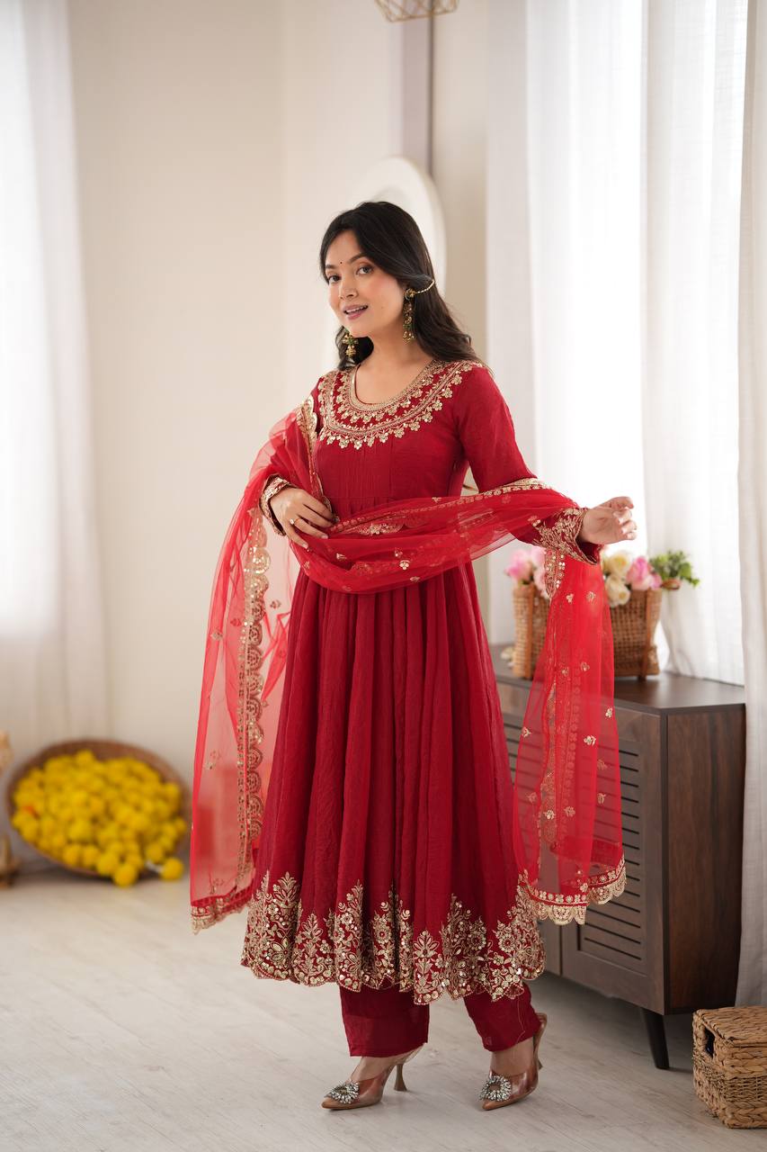 Royal Red Embroidered Anarkali Suit Set with Net Dupatta