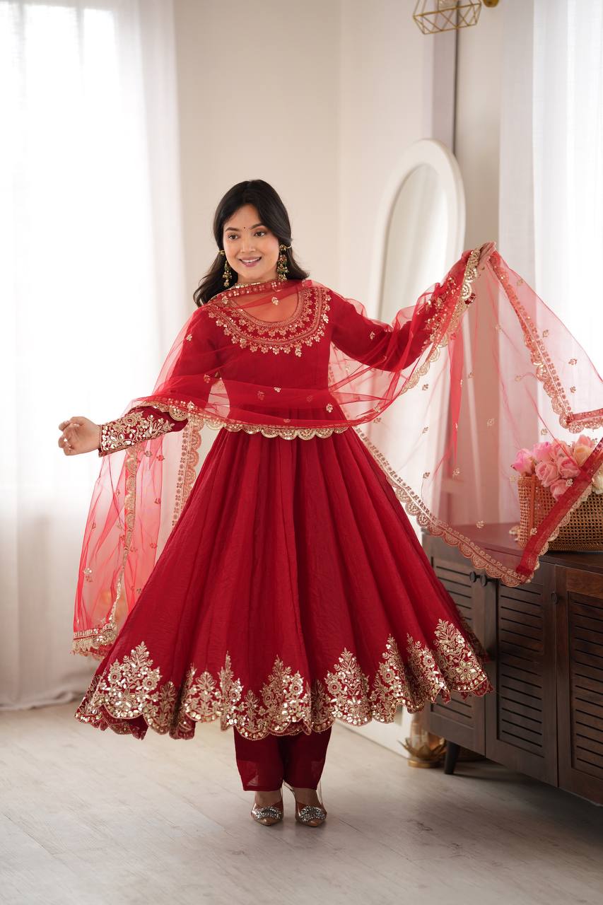 Royal Red Embroidered Anarkali Suit Set with Net Dupatta