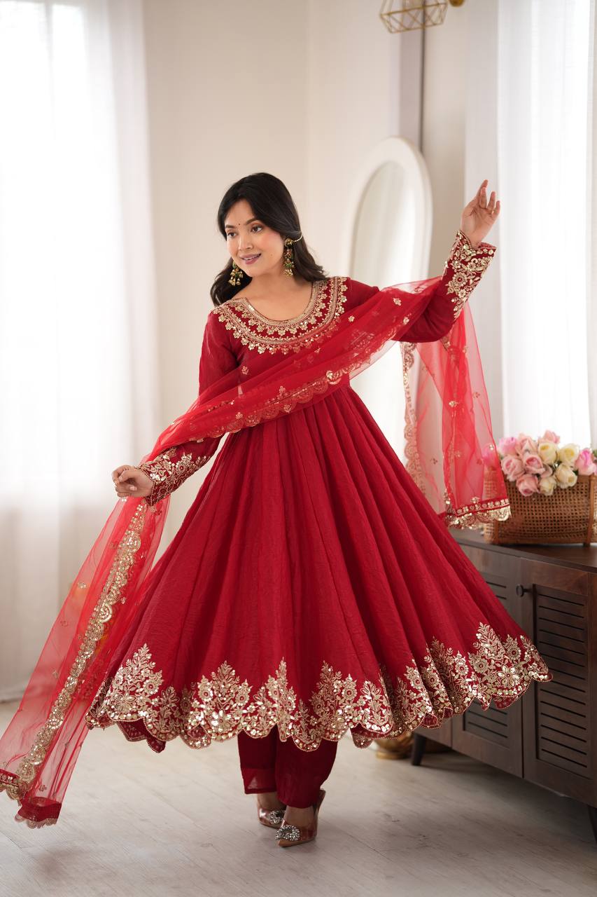 Royal Red Embroidered Anarkali Suit Set with Net Dupatta
