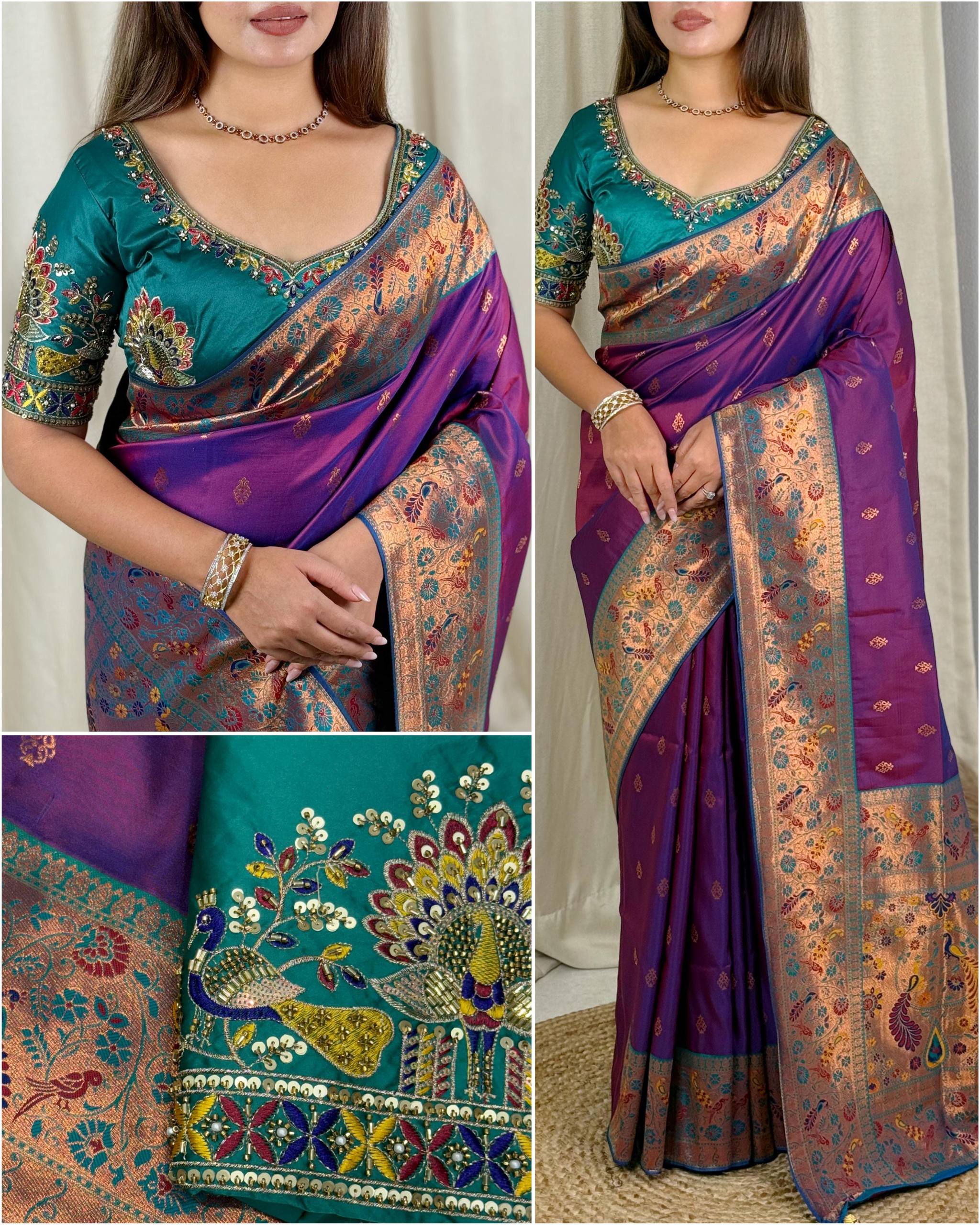 Royal Purple Banarasi Silk Saree with Peacock Handwork Blouse & Contrast Designer Blouse