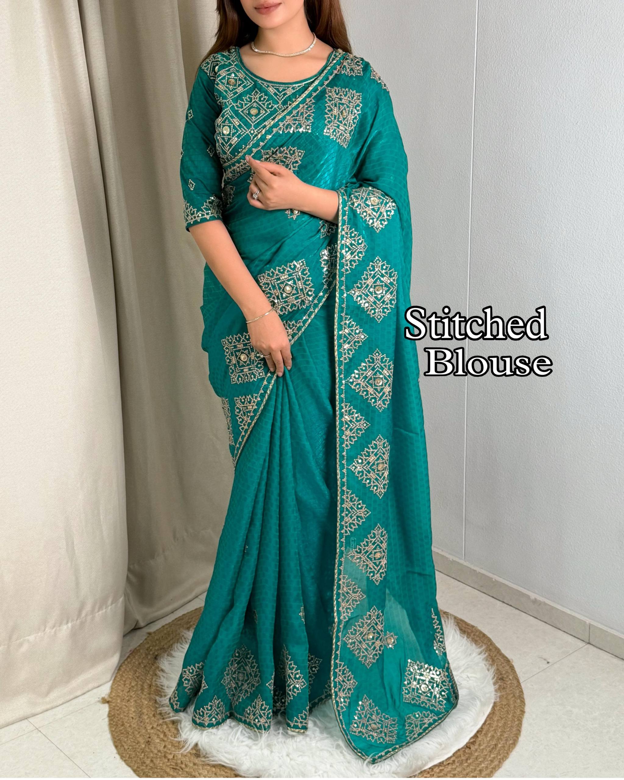 Teal Green Fendy Satin Self Jacquard Saree with Sequins Embroidery & Stitched Blouse