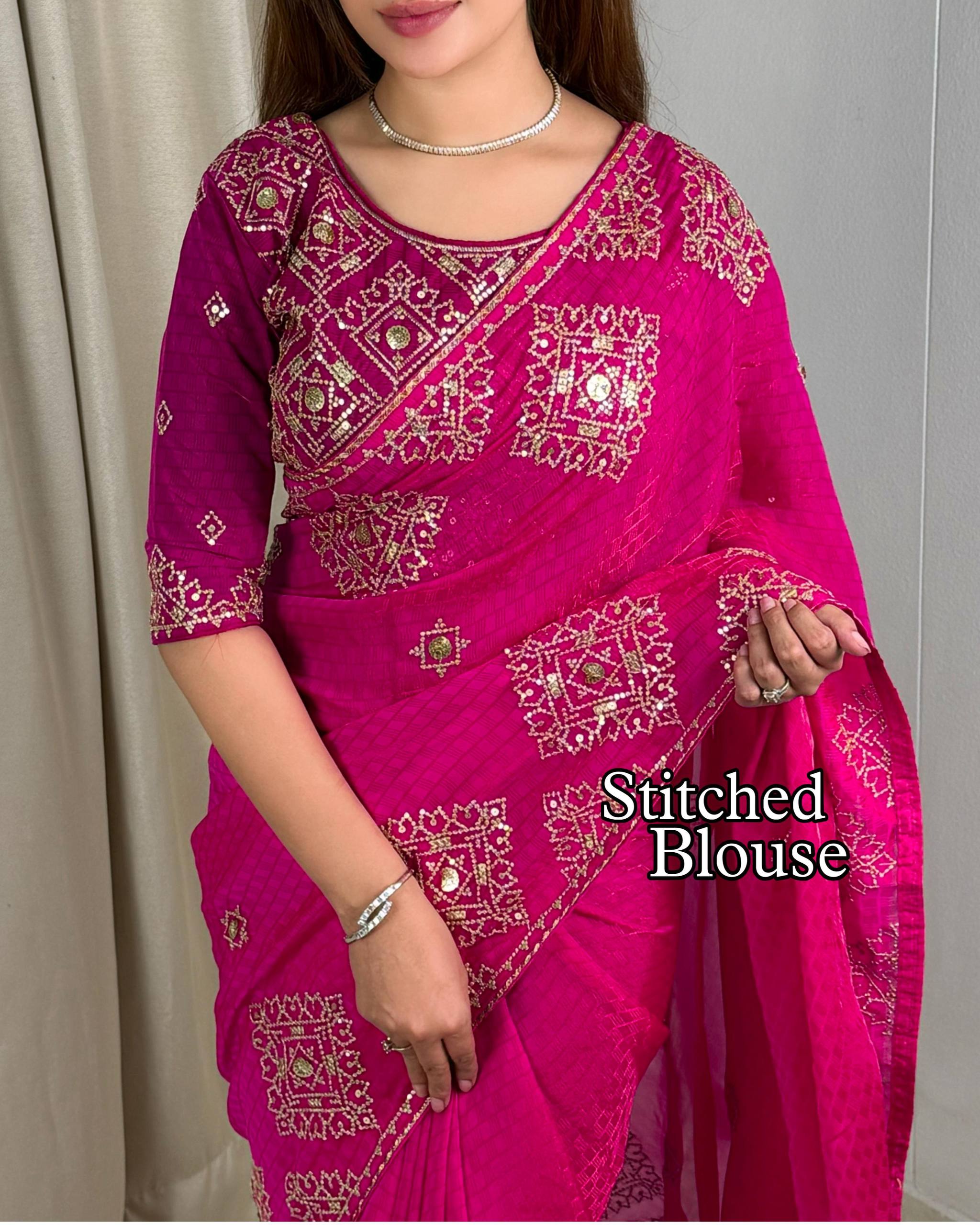 Rani Pink Fendy Satin Self Jacquard Saree with Sequins Embroidery & Stitched Blouse