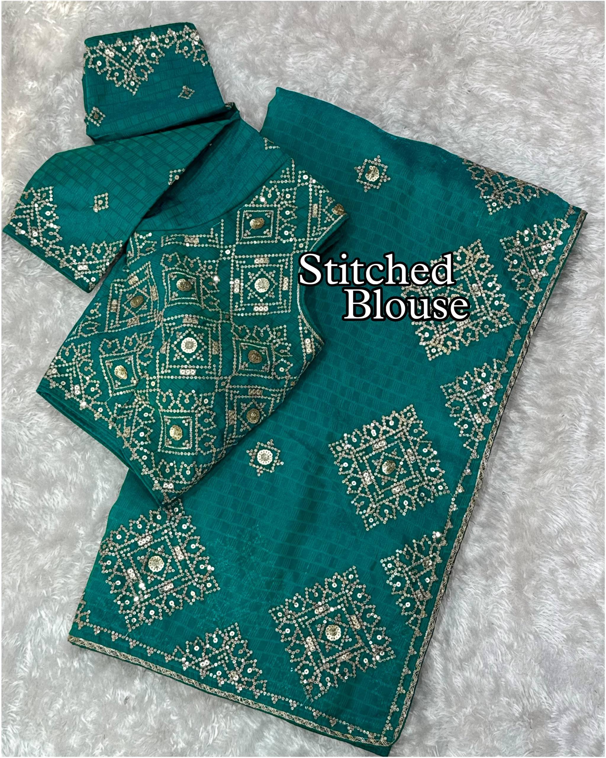 Teal Green Fendy Satin Self Jacquard Saree with Sequins Embroidery & Stitched Blouse