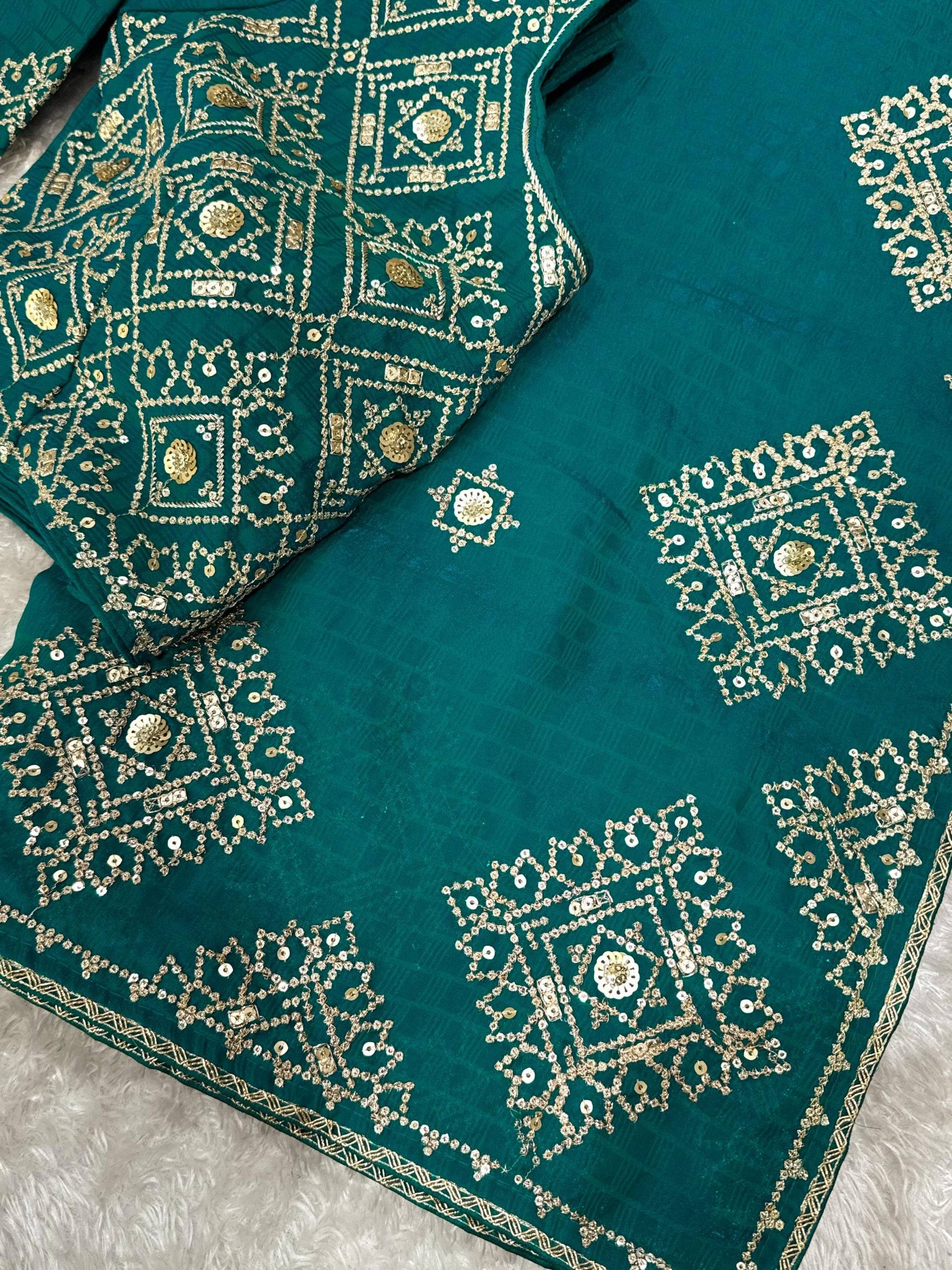 Teal Green Fendy Satin Self Jacquard Saree with Sequins Embroidery & Stitched Blouse