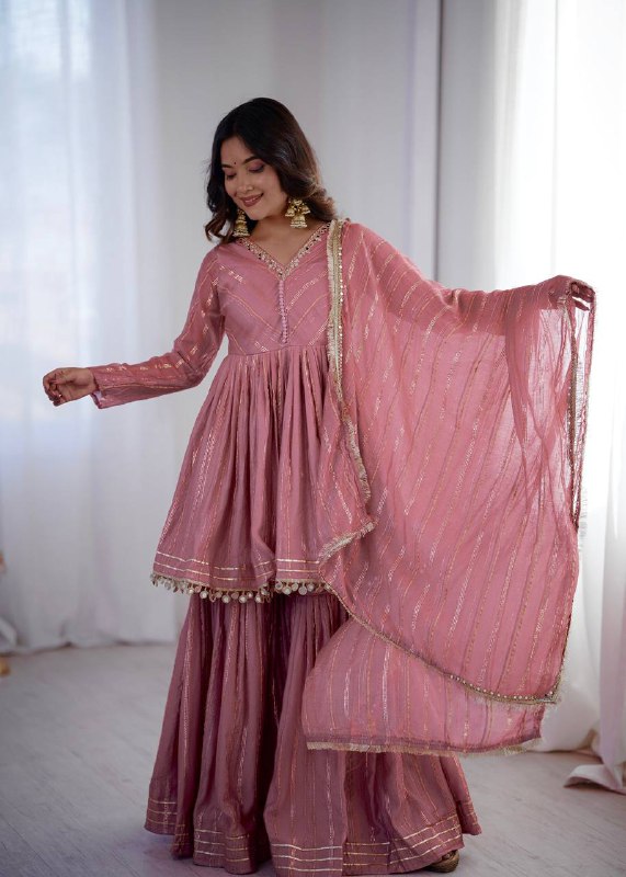Babypink Mal Chanderi Sharara Set for Women with Mirror Handwork | Engagement, Wedding & Function Wear | Sizes M-38 to XXL-44