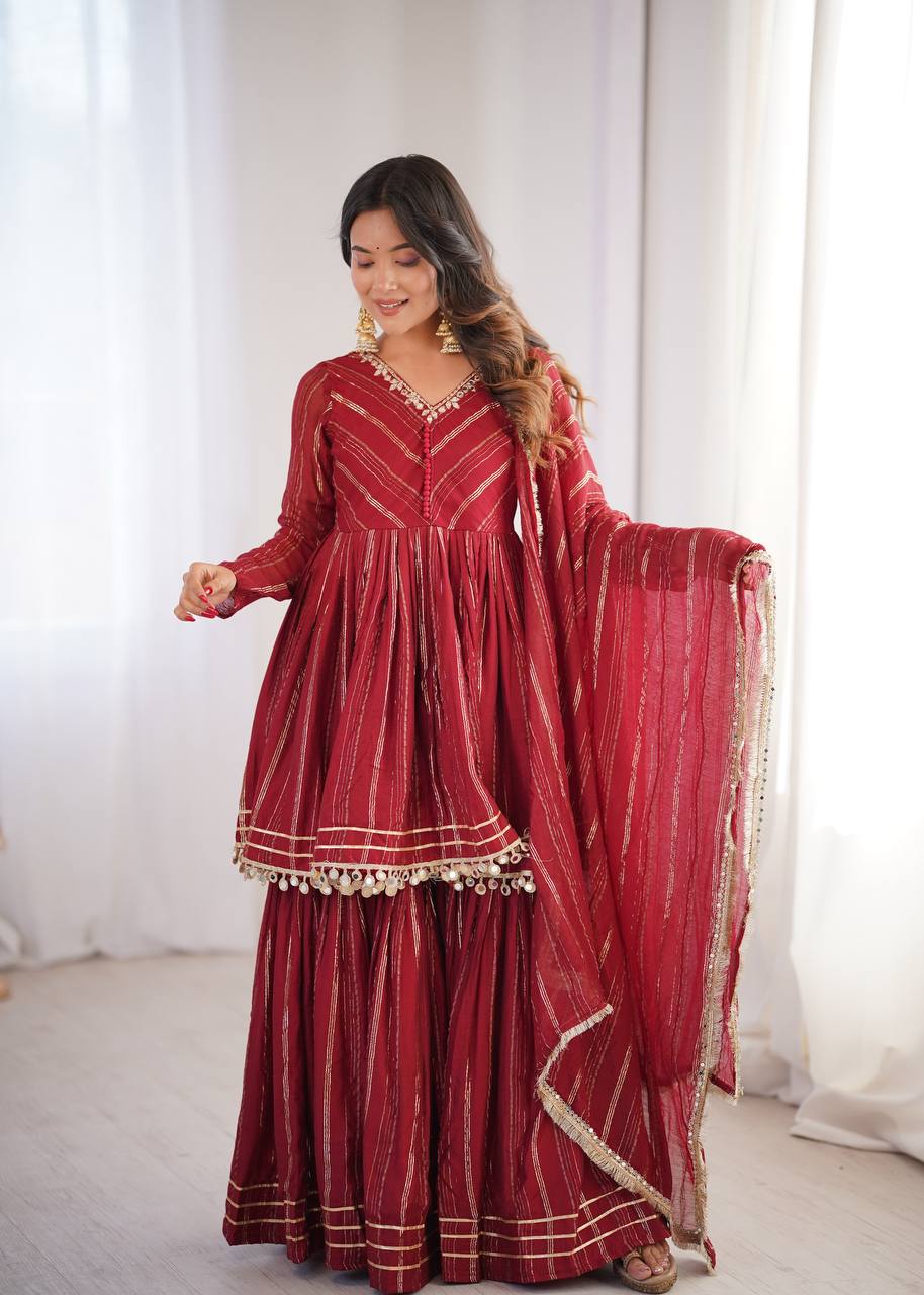 Maroon Mal Chanderi Sharara Set for Women with Mirror Handwork | Engagement, Wedding & Function Wear | Sizes M-38 to XXL-44