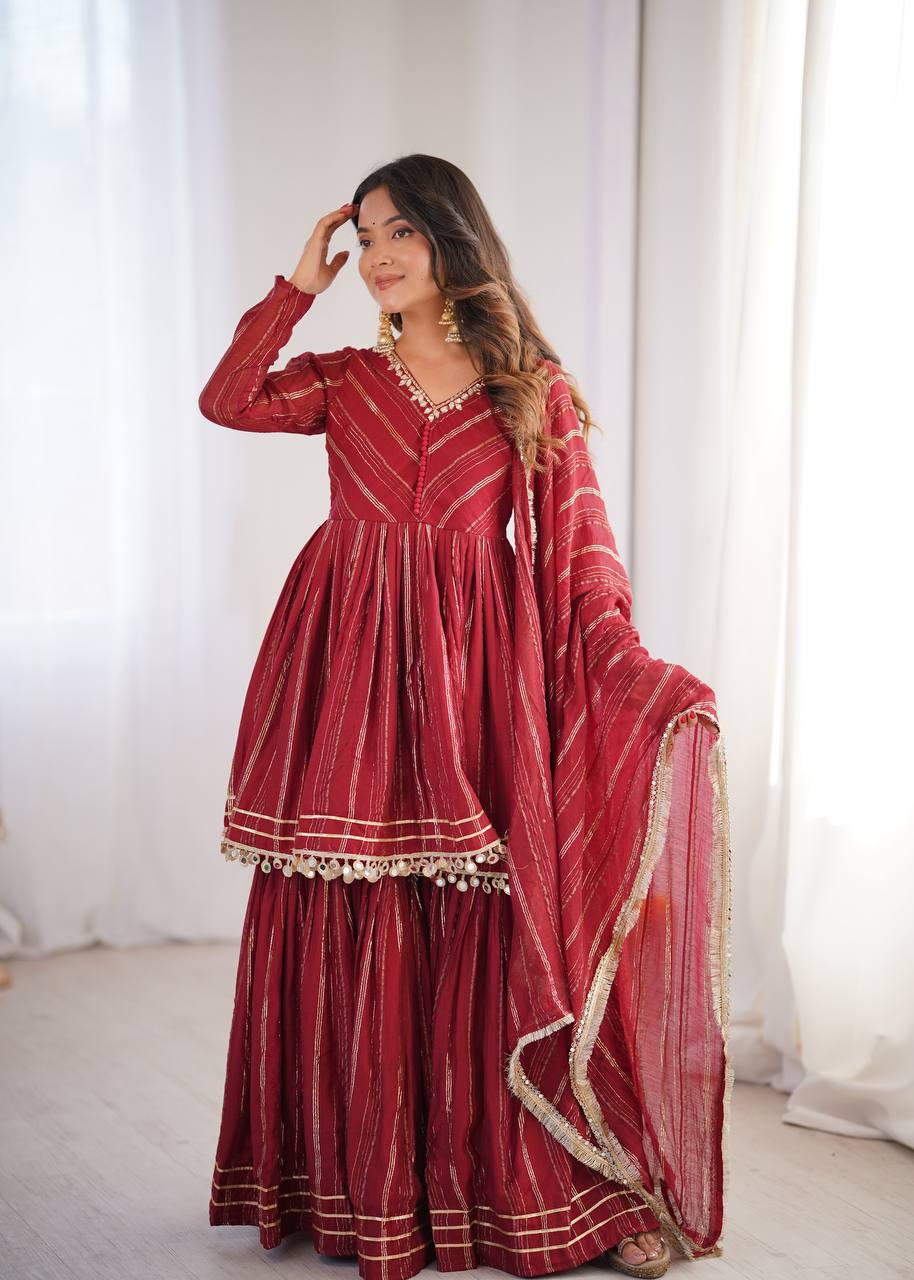 Maroon Mal Chanderi Sharara Set for Women with Mirror Handwork | Engagement, Wedding & Function Wear | Sizes M-38 to XXL-44