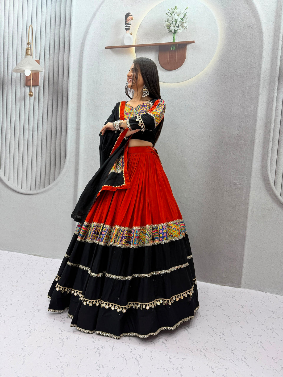 Black & Red Pure Cotton Navratri Lehenga Choli with Mirror Work – 6 Meter Flair