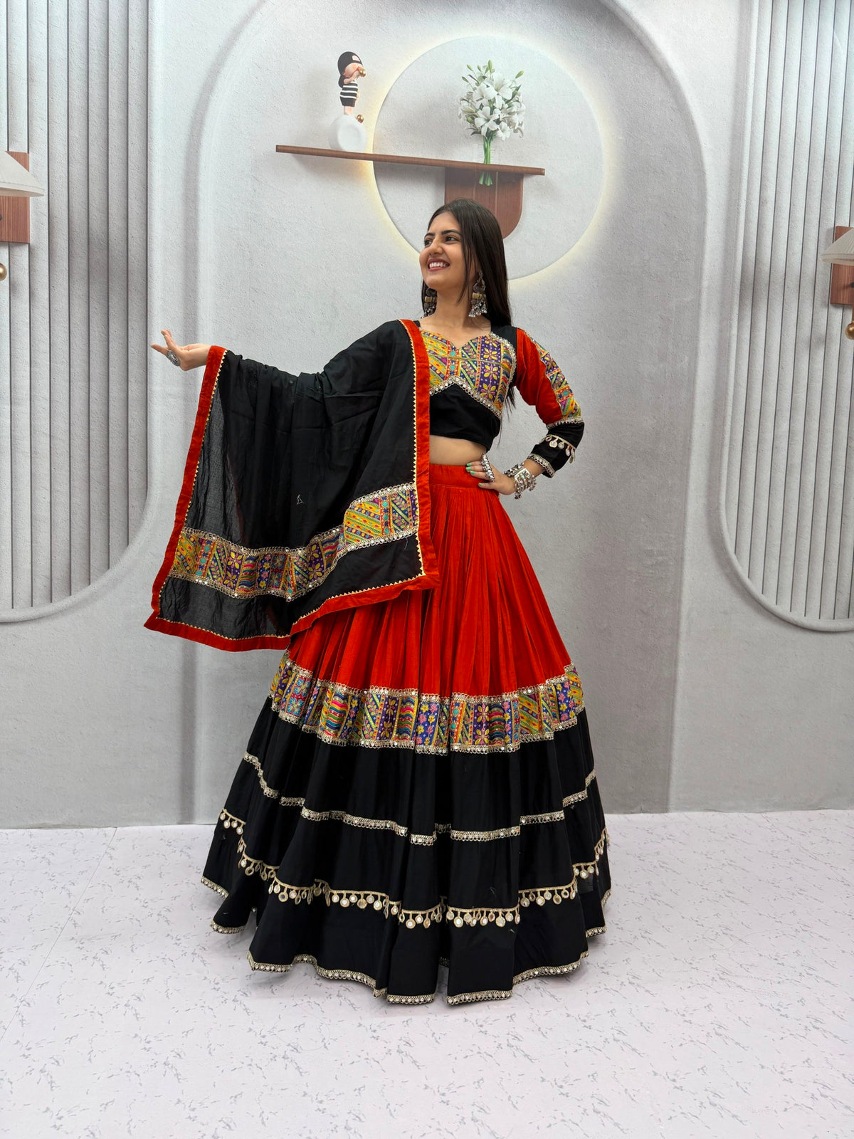 Black & Red Pure Cotton Navratri Lehenga Choli with Mirror Work – 6 Meter Flair