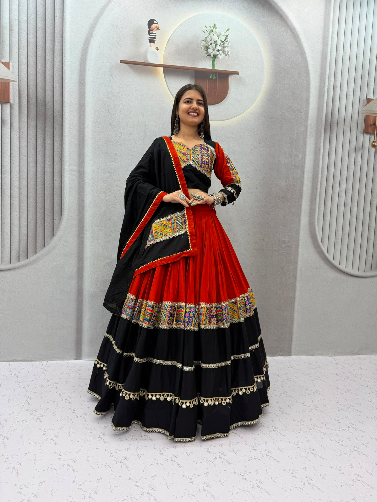 Black & Red Pure Cotton Navratri Lehenga Choli with Mirror Work – 6 Meter Flair