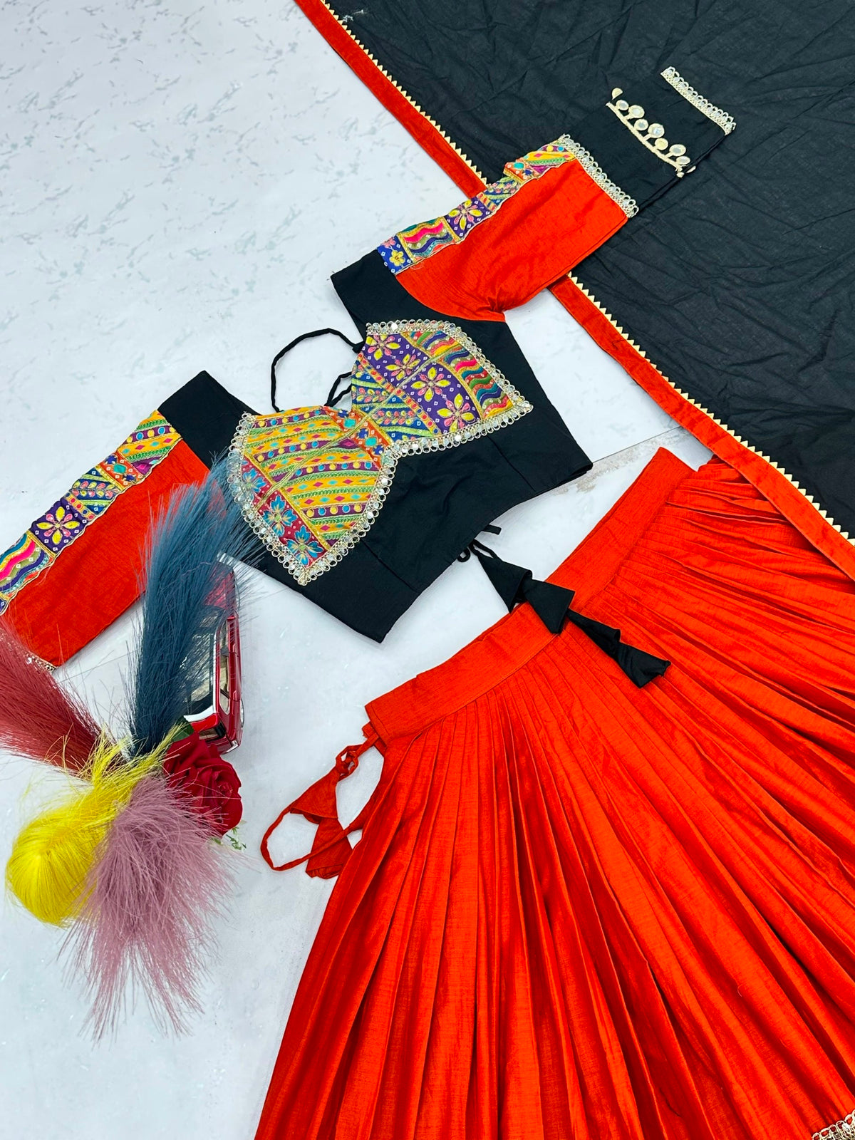 Black & Red Pure Cotton Navratri Lehenga Choli with Mirror Work – 6 Meter Flair