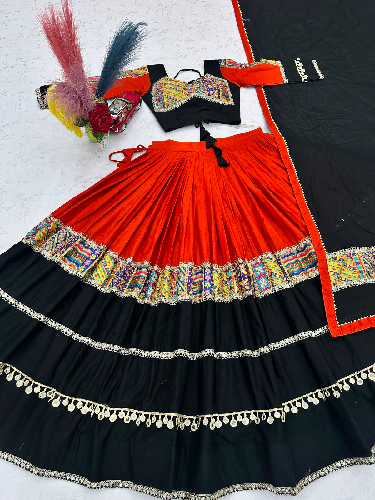 Black & Red Pure Cotton Navratri Lehenga Choli with Mirror Work – 6 Meter Flair