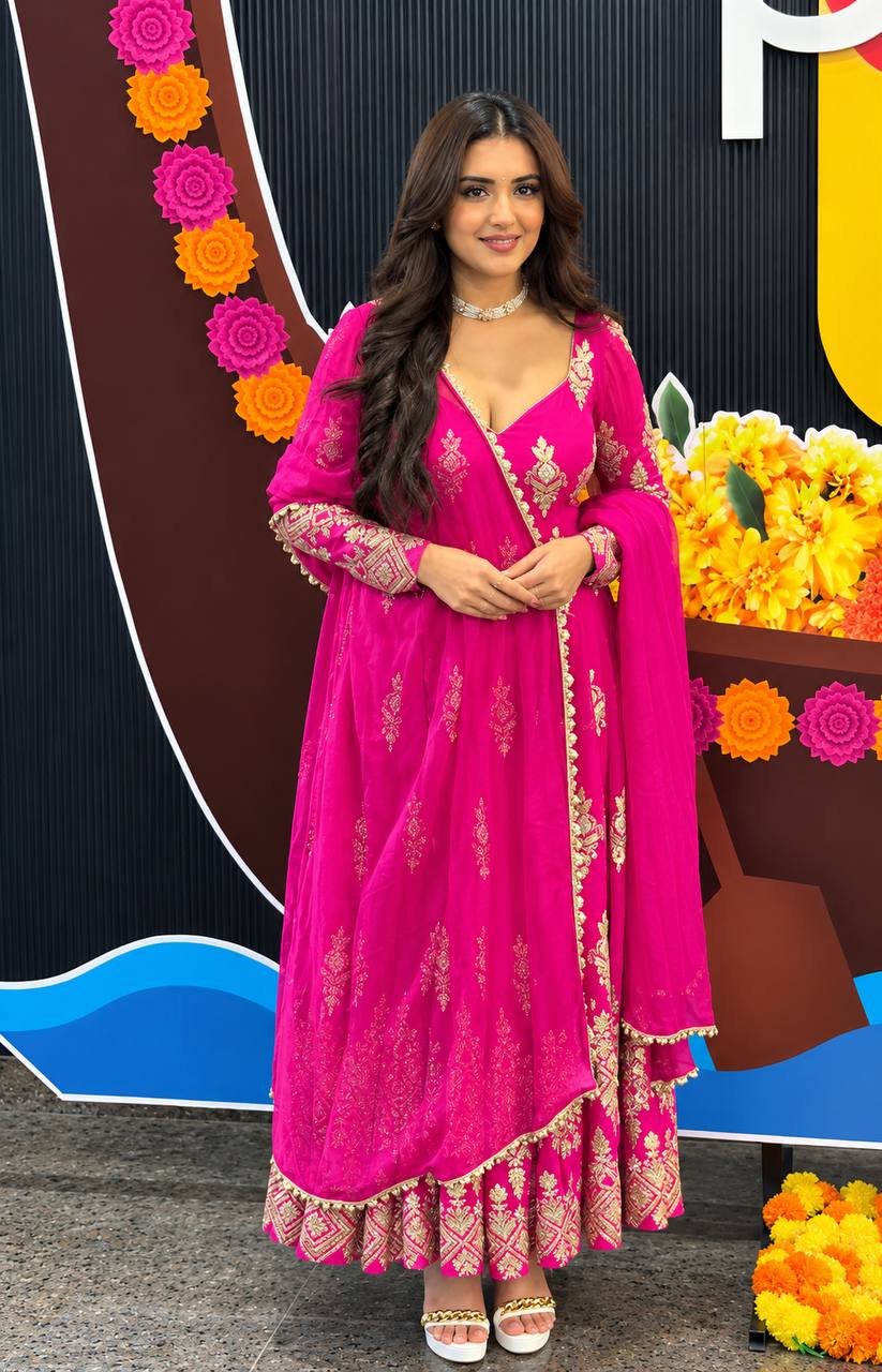 Rani Pink Heavy Georgette Embroidered Anarkali Gown Set with Dupatta