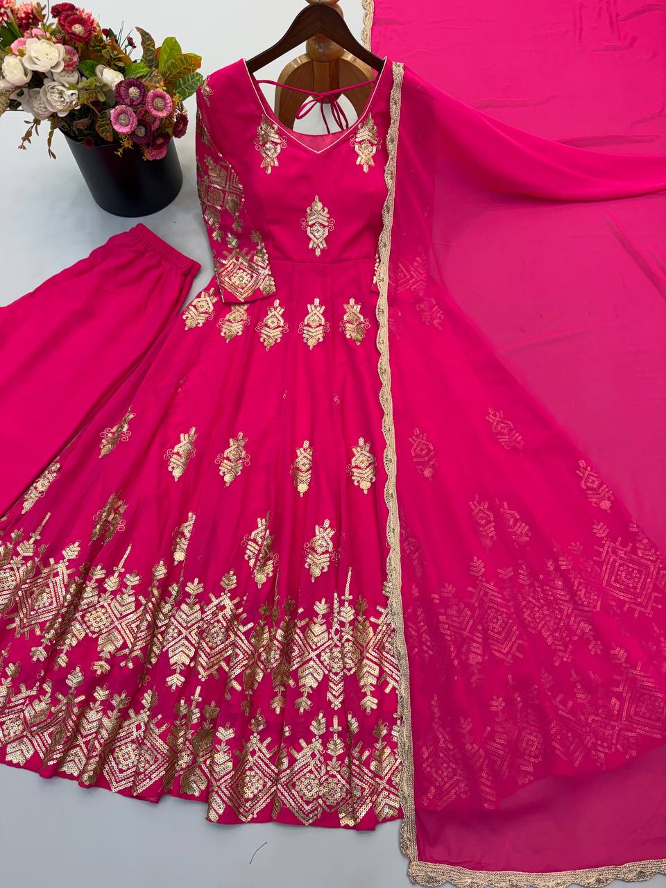 Rani Pink Heavy Georgette Embroidered Anarkali Gown Set with Dupatta
