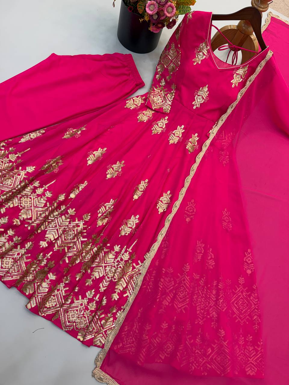 Rani Pink Heavy Georgette Embroidered Anarkali Gown Set with Dupatta