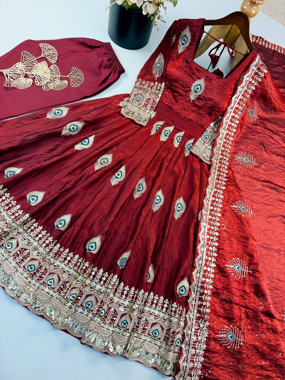 Wine Maroon Peacock Embroidered Fendy Silk Anarkali Gown Set with Dupatta