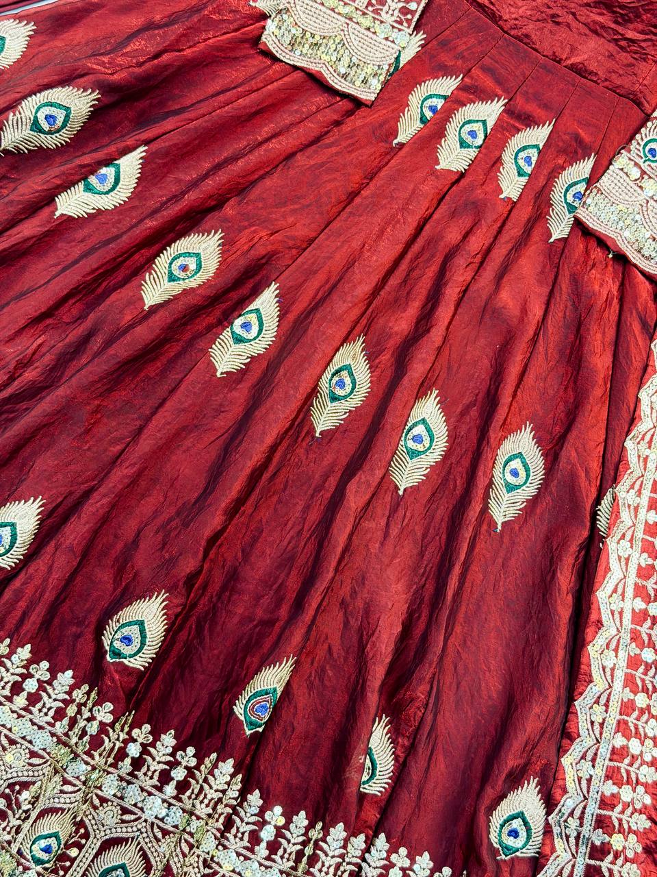Wine Maroon Peacock Embroidered Fendy Silk Anarkali Gown Set with Dupatta