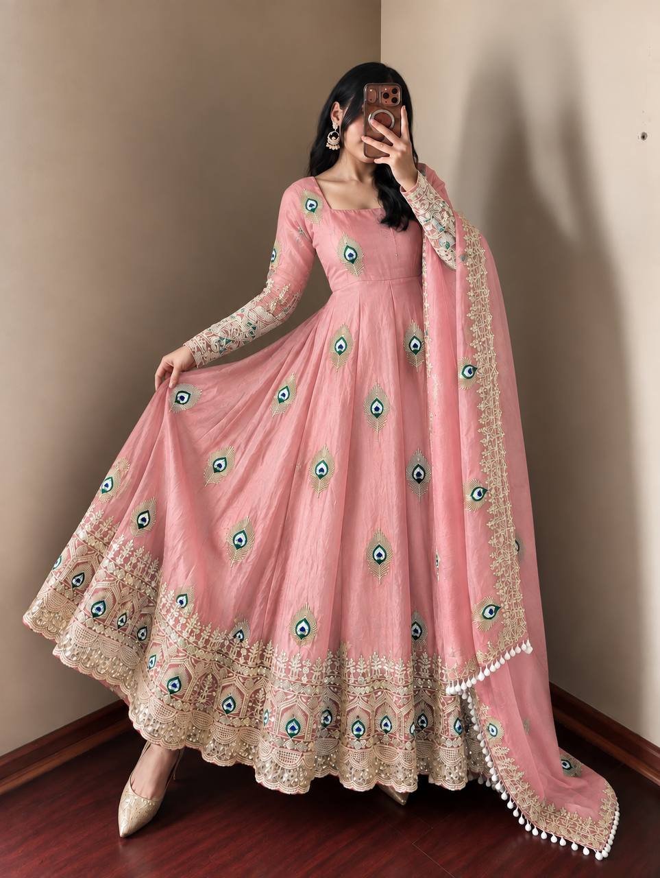 Peach Pink Peacock Embroidered Fendy Silk Anarkali Gown Set with Dupatta