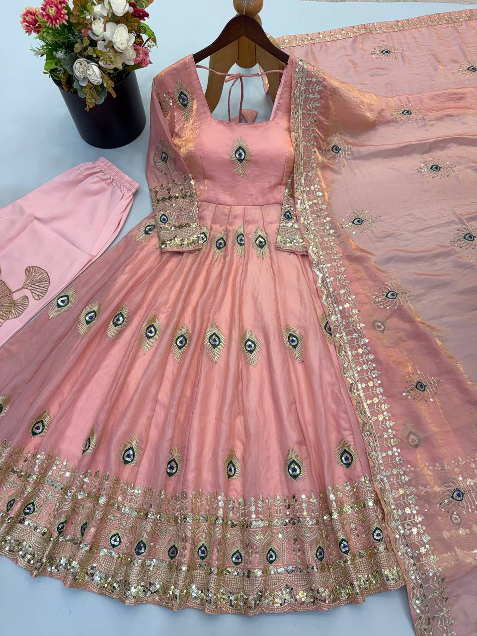 Peach Pink Peacock Embroidered Fendy Silk Anarkali Gown Set with Dupatta