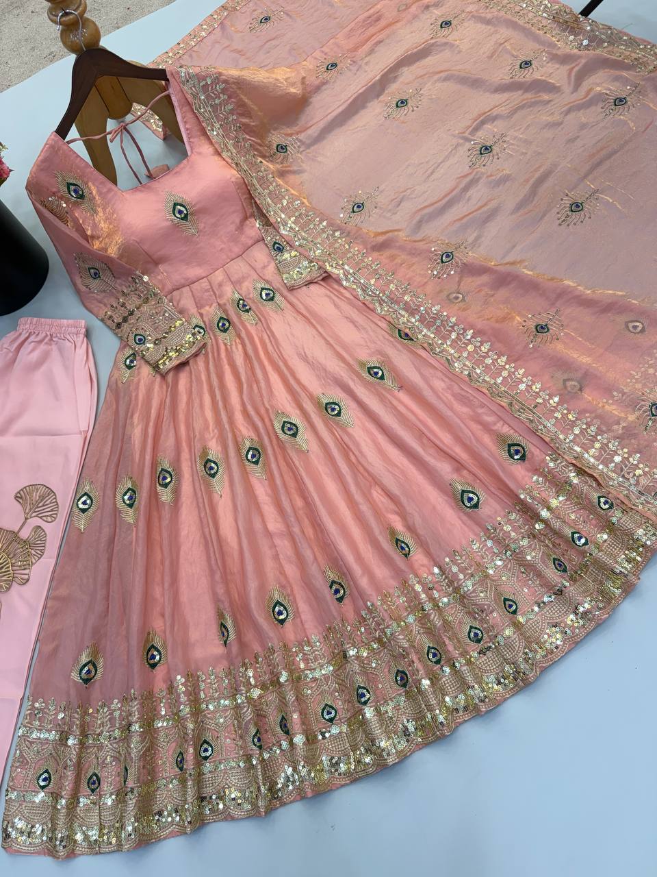 Peach Pink Peacock Embroidered Fendy Silk Anarkali Gown Set with Dupatta