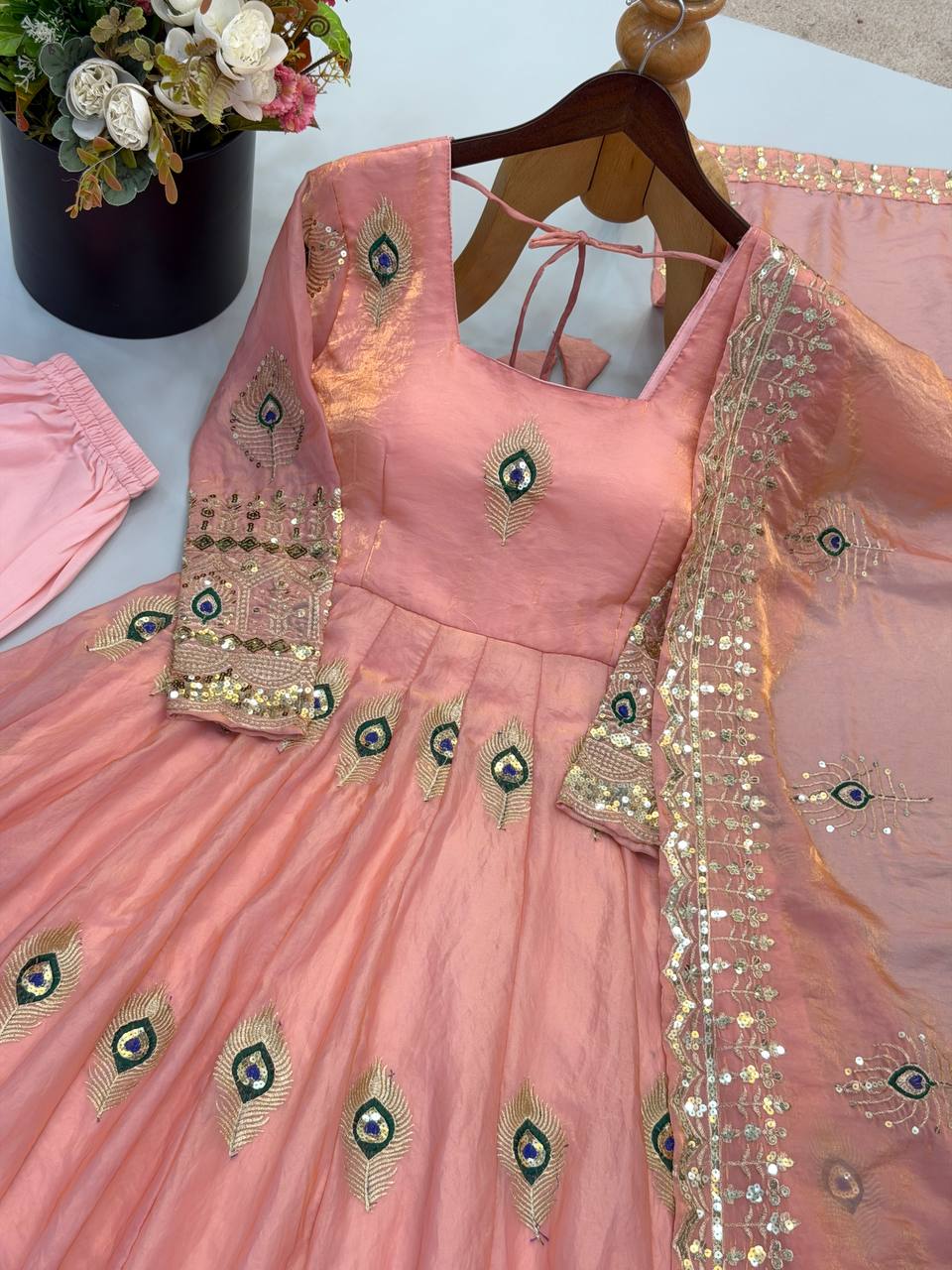 Peach Pink Peacock Embroidered Fendy Silk Anarkali Gown Set with Dupatta