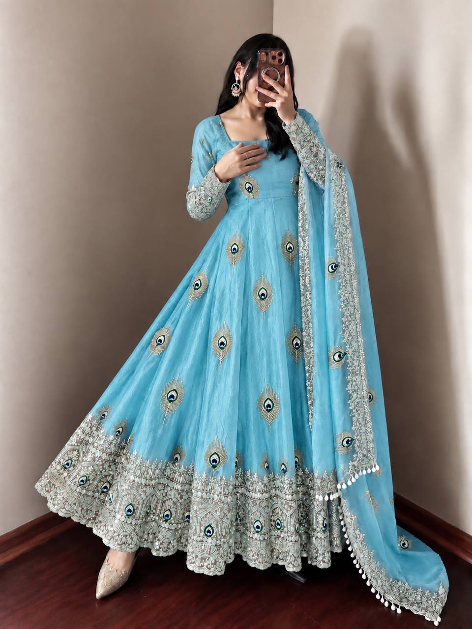Sky Blue Fendy Silk Peacock Embroidered Anarkali Gown Set with Pant & Dupatta