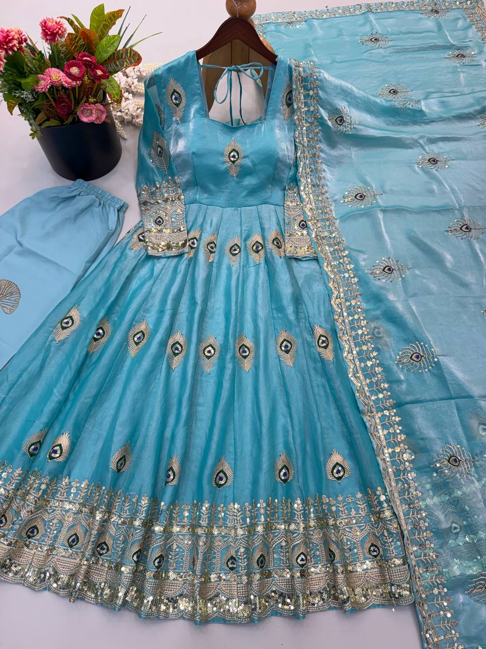 Sky Blue Fendy Silk Peacock Embroidered Anarkali Gown Set with Pant & Dupatta