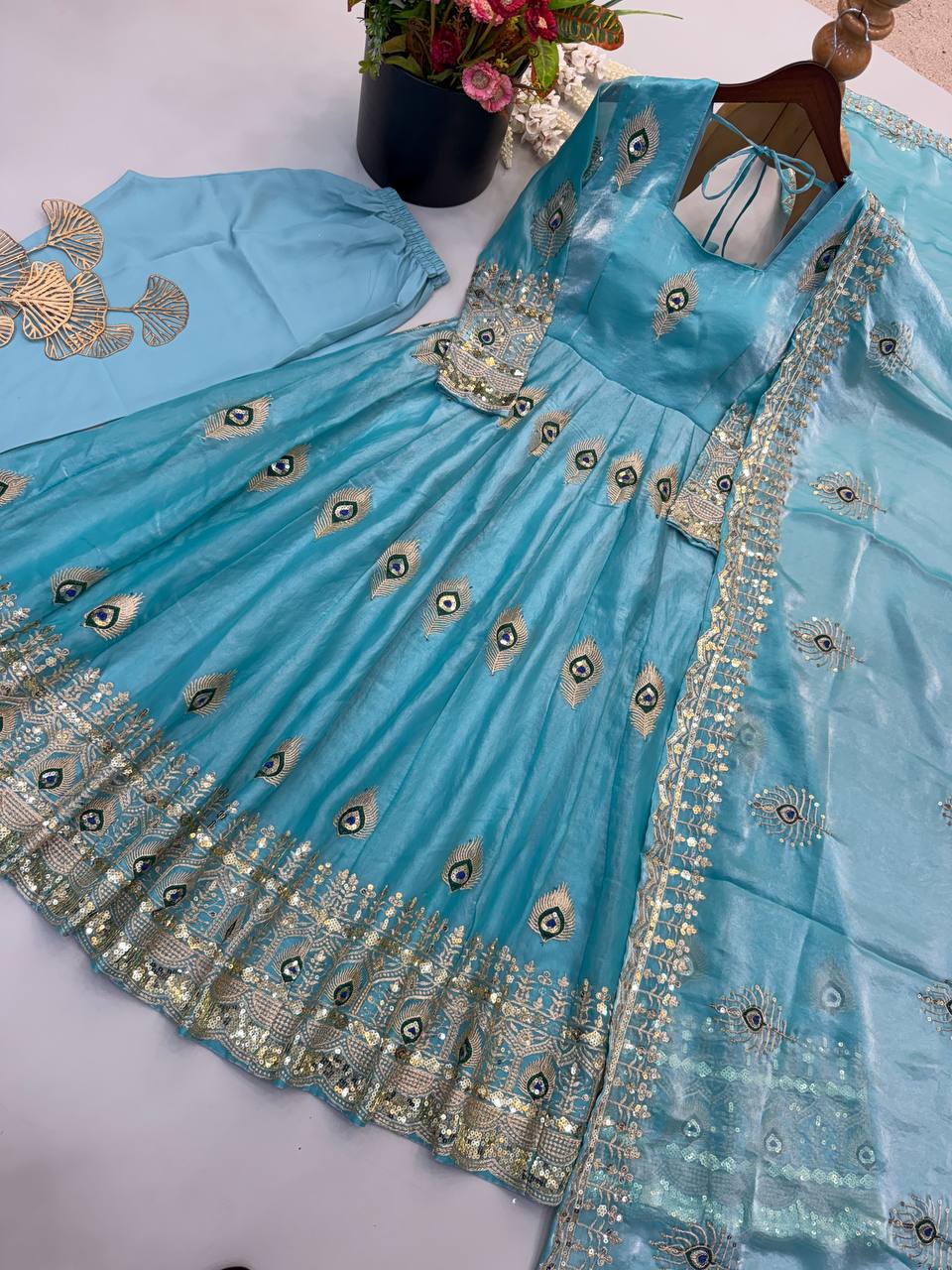 Sky Blue Fendy Silk Peacock Embroidered Anarkali Gown Set with Pant & Dupatta
