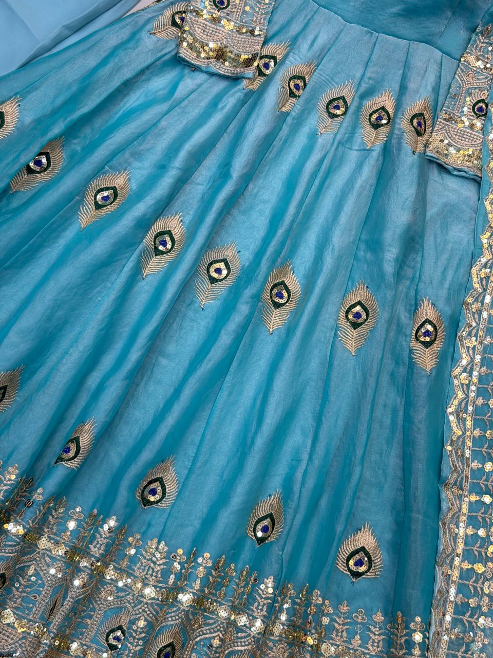 Sky Blue Fendy Silk Peacock Embroidered Anarkali Gown Set with Pant & Dupatta