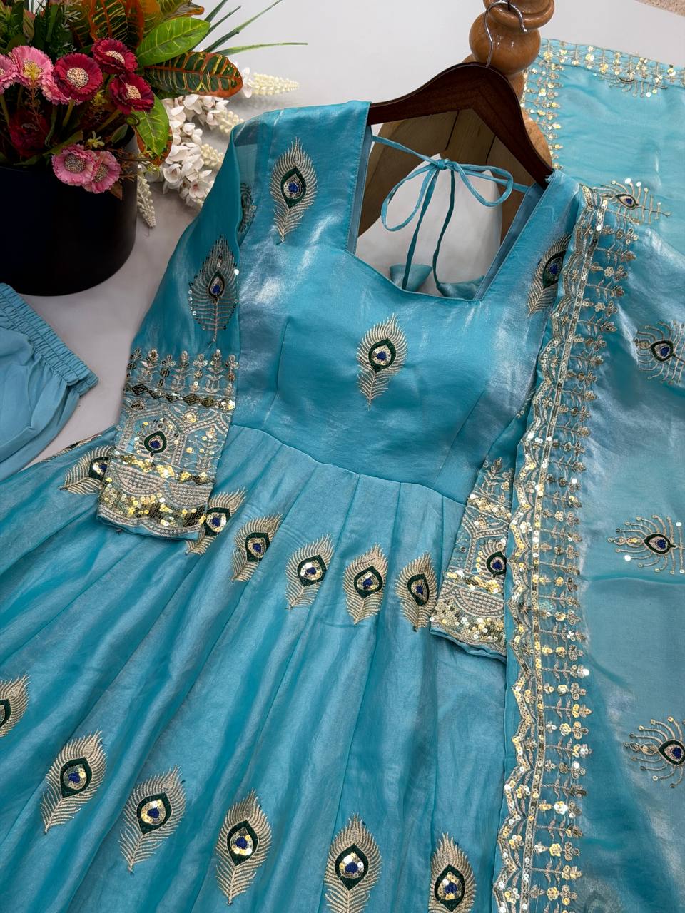 Sky Blue Fendy Silk Peacock Embroidered Anarkali Gown Set with Pant & Dupatta