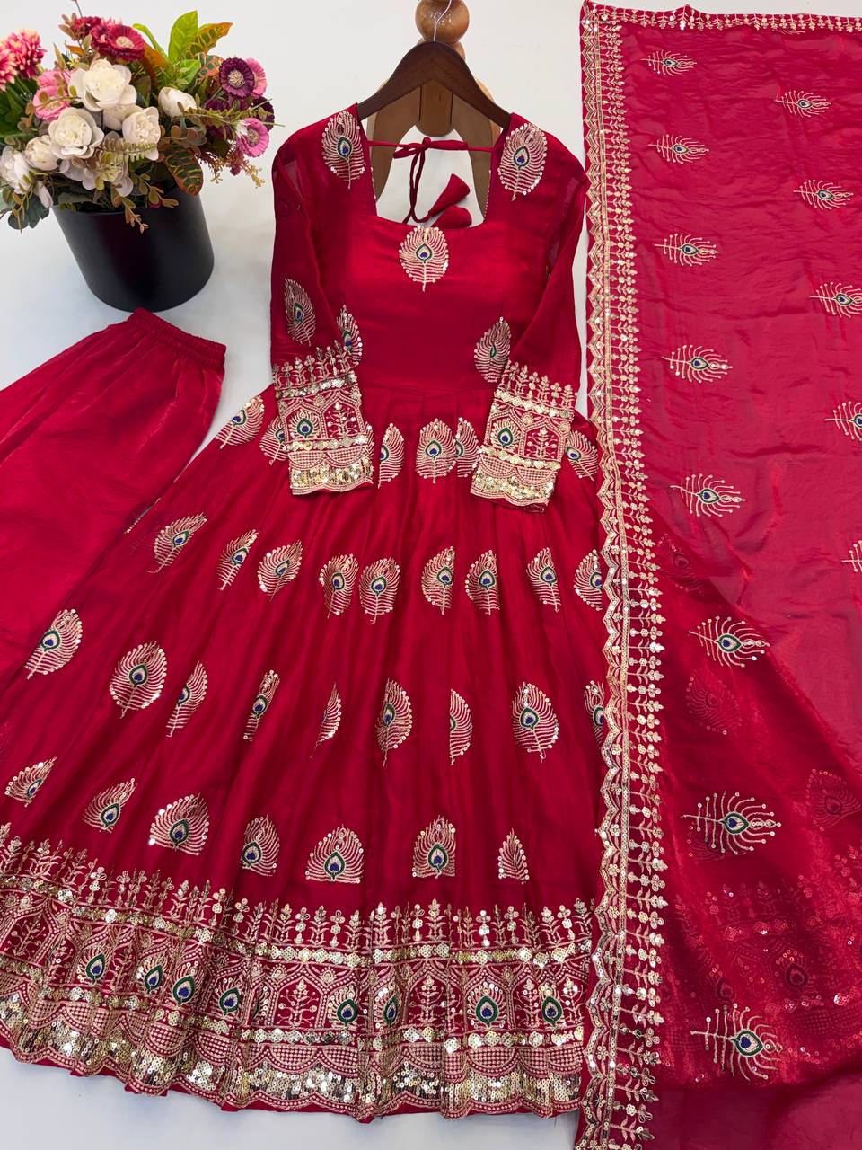 Ruby Magenta Fendy Silk Embroidered Anarkali Gown Set with Dupatta