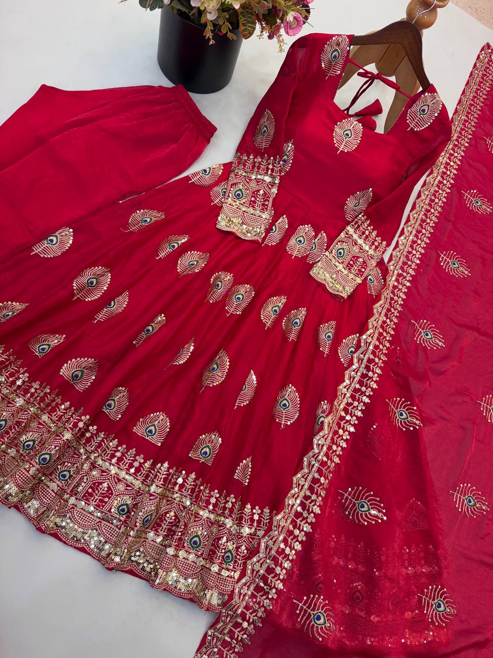 Ruby Magenta Fendy Silk Embroidered Anarkali Gown Set with Dupatta