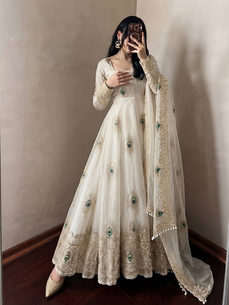 Ivory White Fendy Silk Peacock Embroidered Anarkali Gown Set with Dupatta