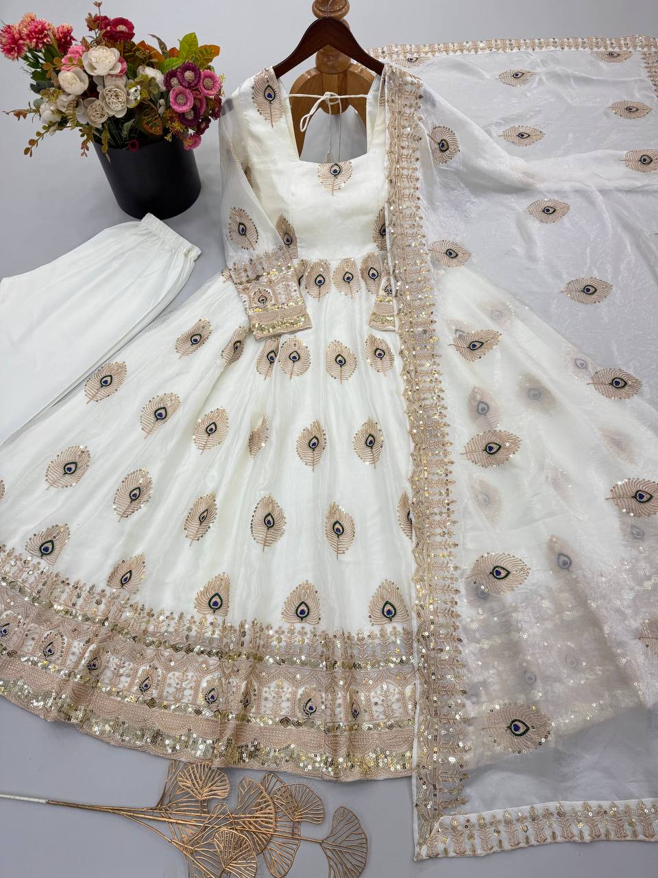 Ivory White Fendy Silk Peacock Embroidered Anarkali Gown Set with Dupatta