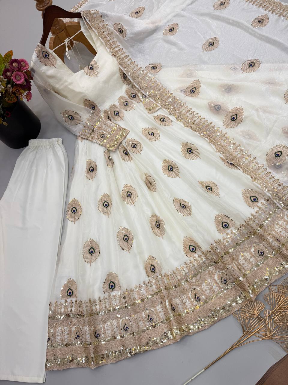 Ivory White Fendy Silk Peacock Embroidered Anarkali Gown Set with Dupatta