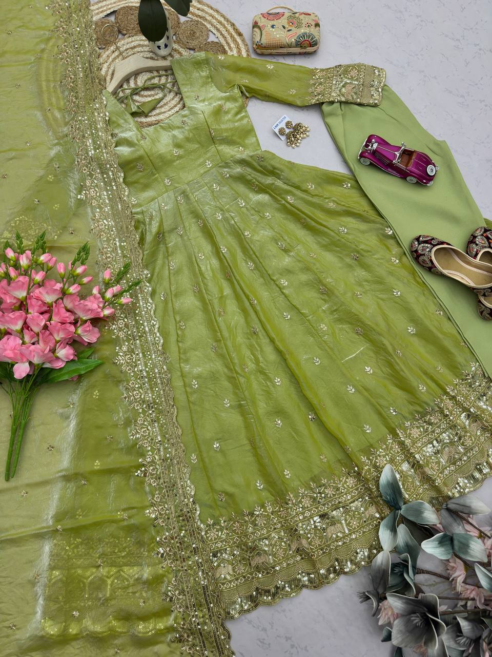 Pista Green Designer Embroidered Gown Set With Dupatta & Pant