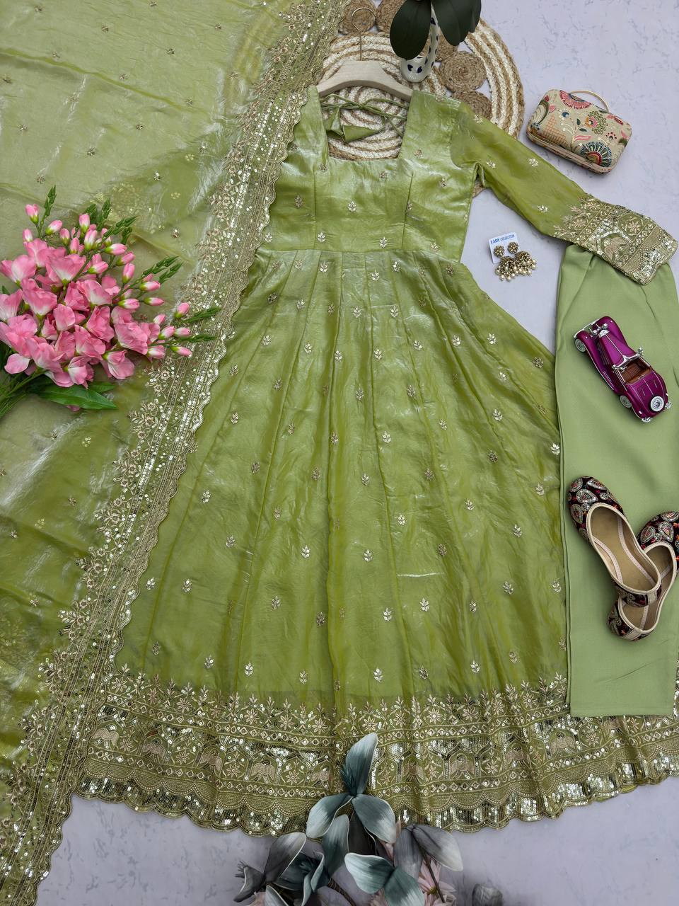 Pista Green Designer Embroidered Gown Set With Dupatta & Pant