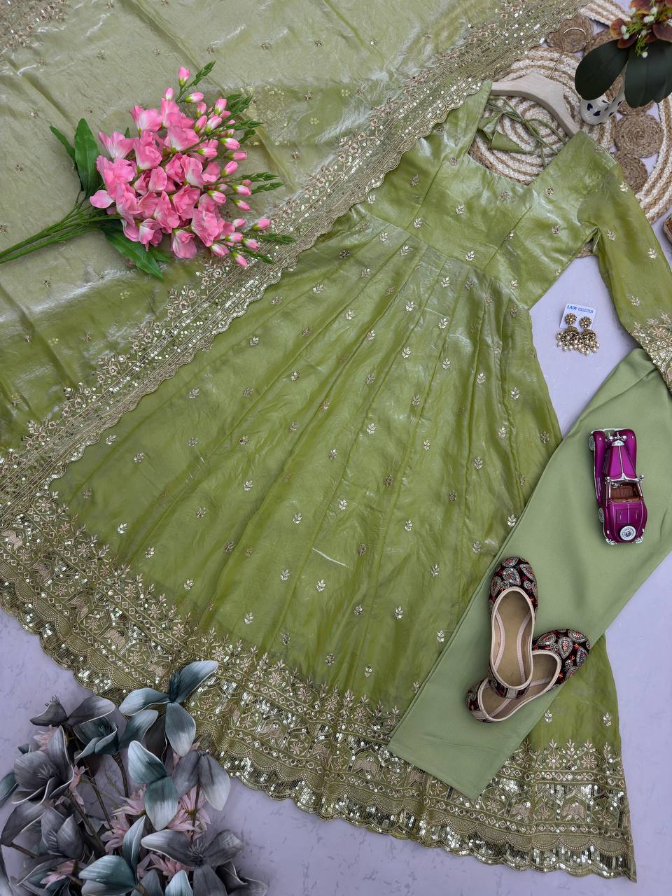 Pista Green Designer Embroidered Gown Set With Dupatta & Pant