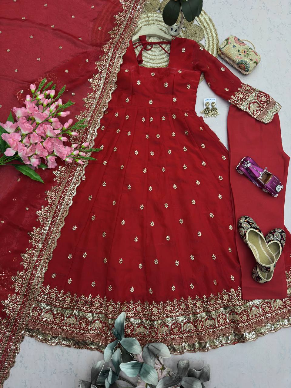 Red Designer Embroidered Gown Set with Dupatta & Pant | Party Wear