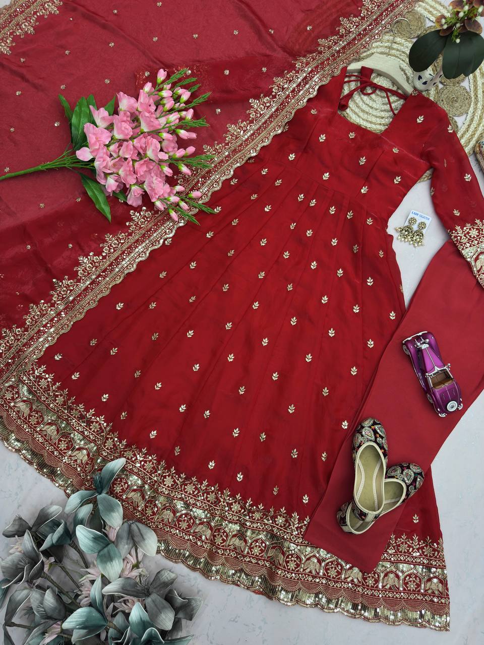 Red Designer Embroidered Gown Set with Dupatta & Pant | Party Wear